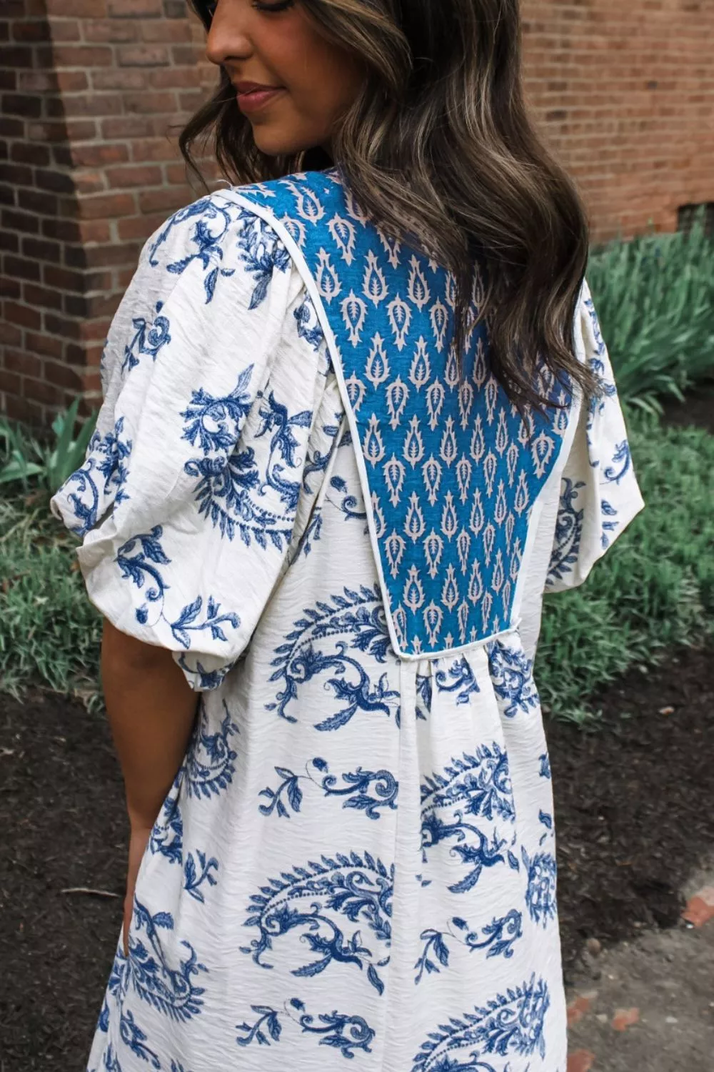 Floral Print Contrast Boho Patchwork V Neck Loose Midi Dress, image 4