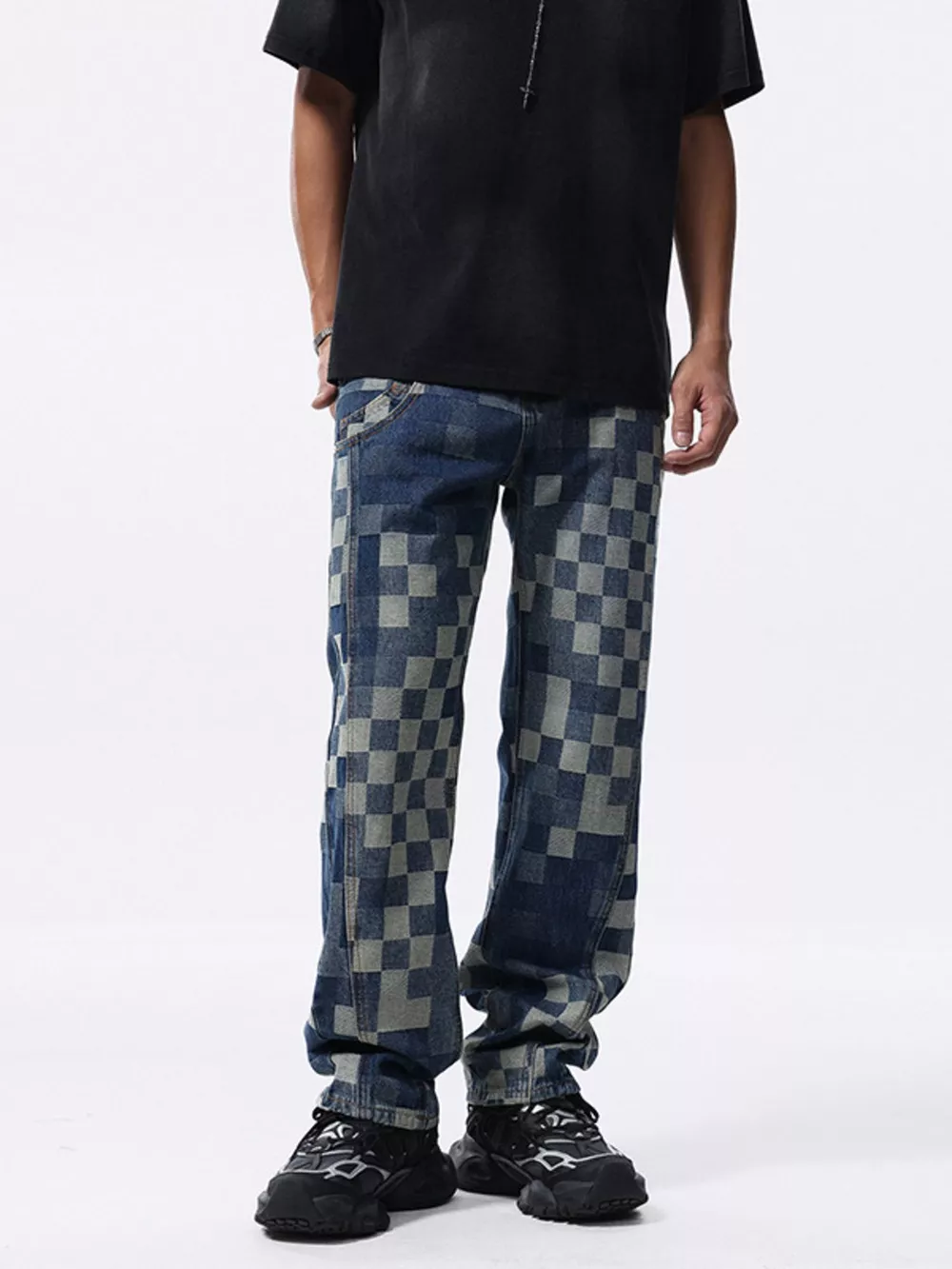 Men's Checkerboard Pattern Relaxed Fit Jeans, image 3