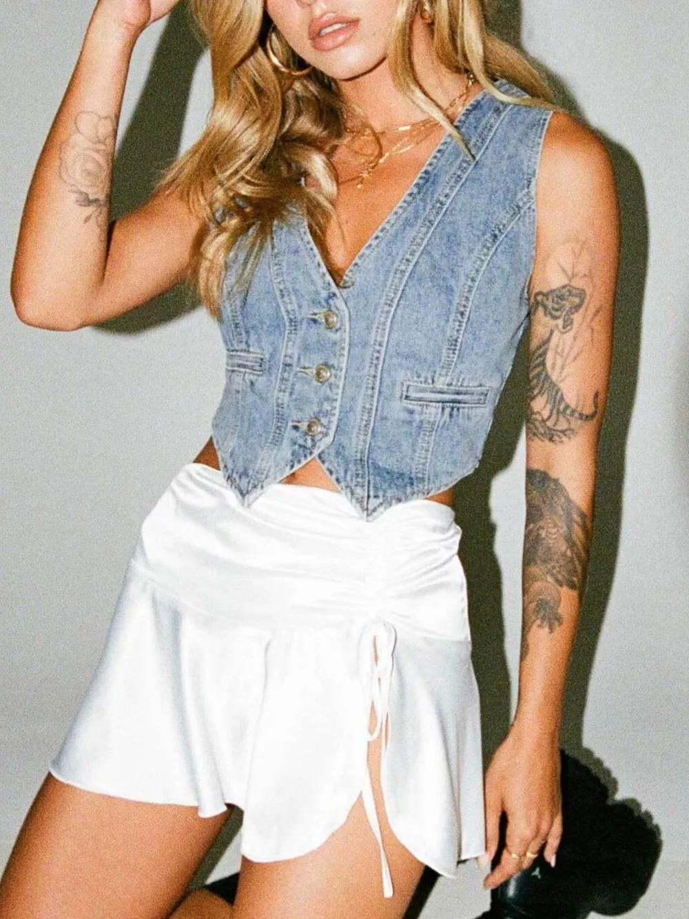 V-Neck Button Up Denim Vest, image 6