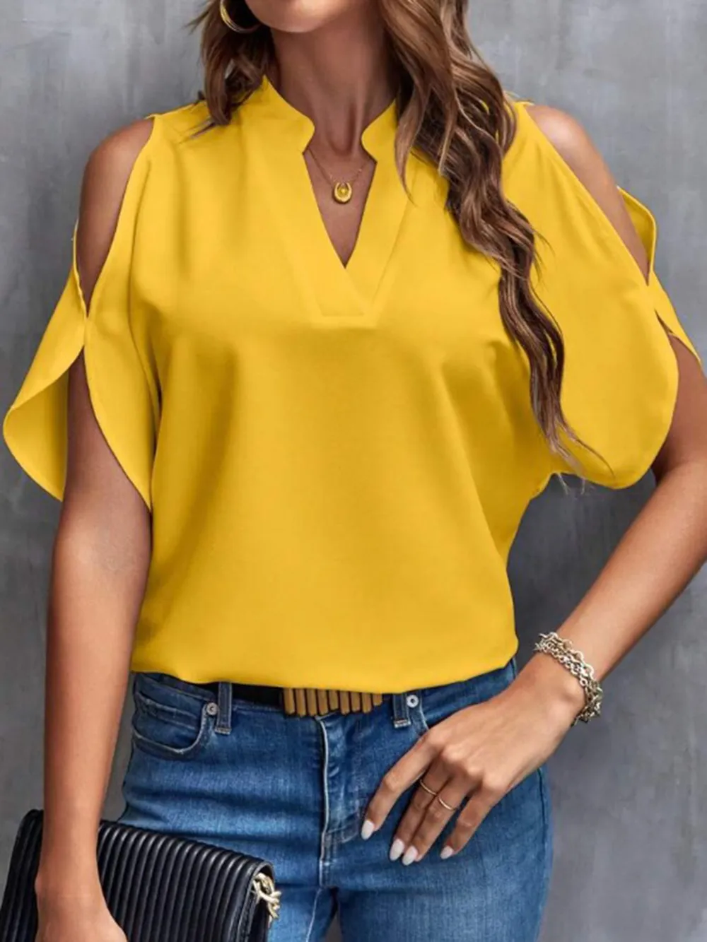 Notched Cold Shoulder Half Sleeve Blouse, image 20