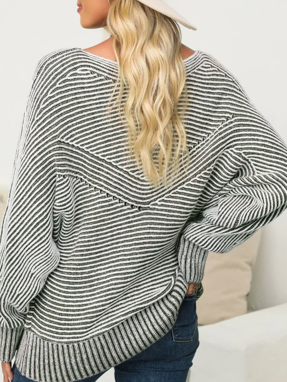 Striped Ribbed Knit Boat Neck Baggy Sweater, image 3