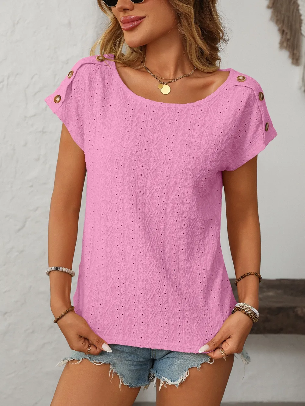 Eyelet Round Neck Short Sleeve Top, image 23