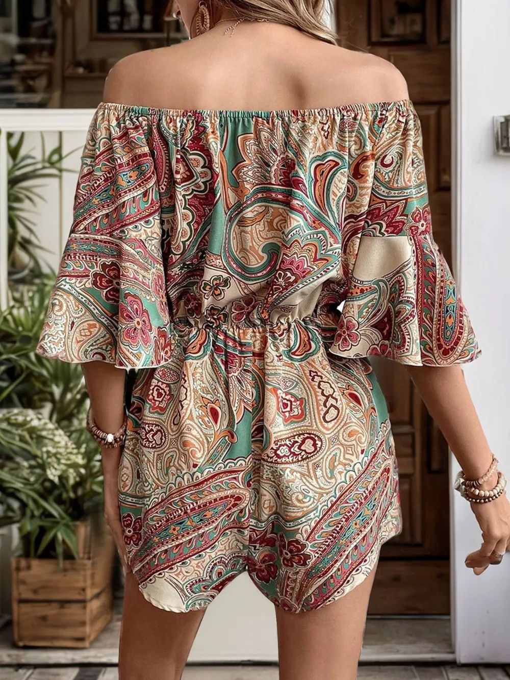 Printed Off Shoulder Half Sleeve Romper, image 4