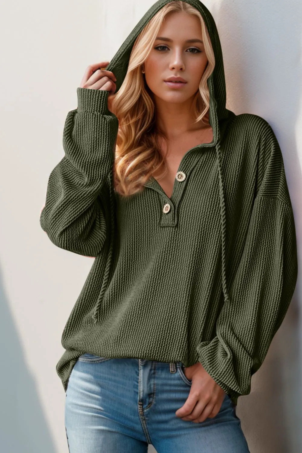 Full Size Half Button Long Sleeve Hoodie, image 9