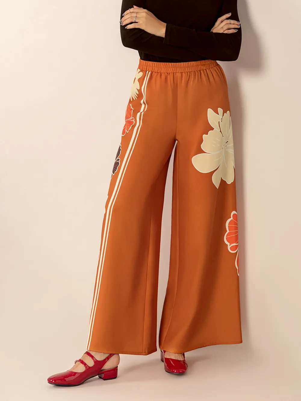 Printed Elastic Waist Wide Leg Pants, image 8