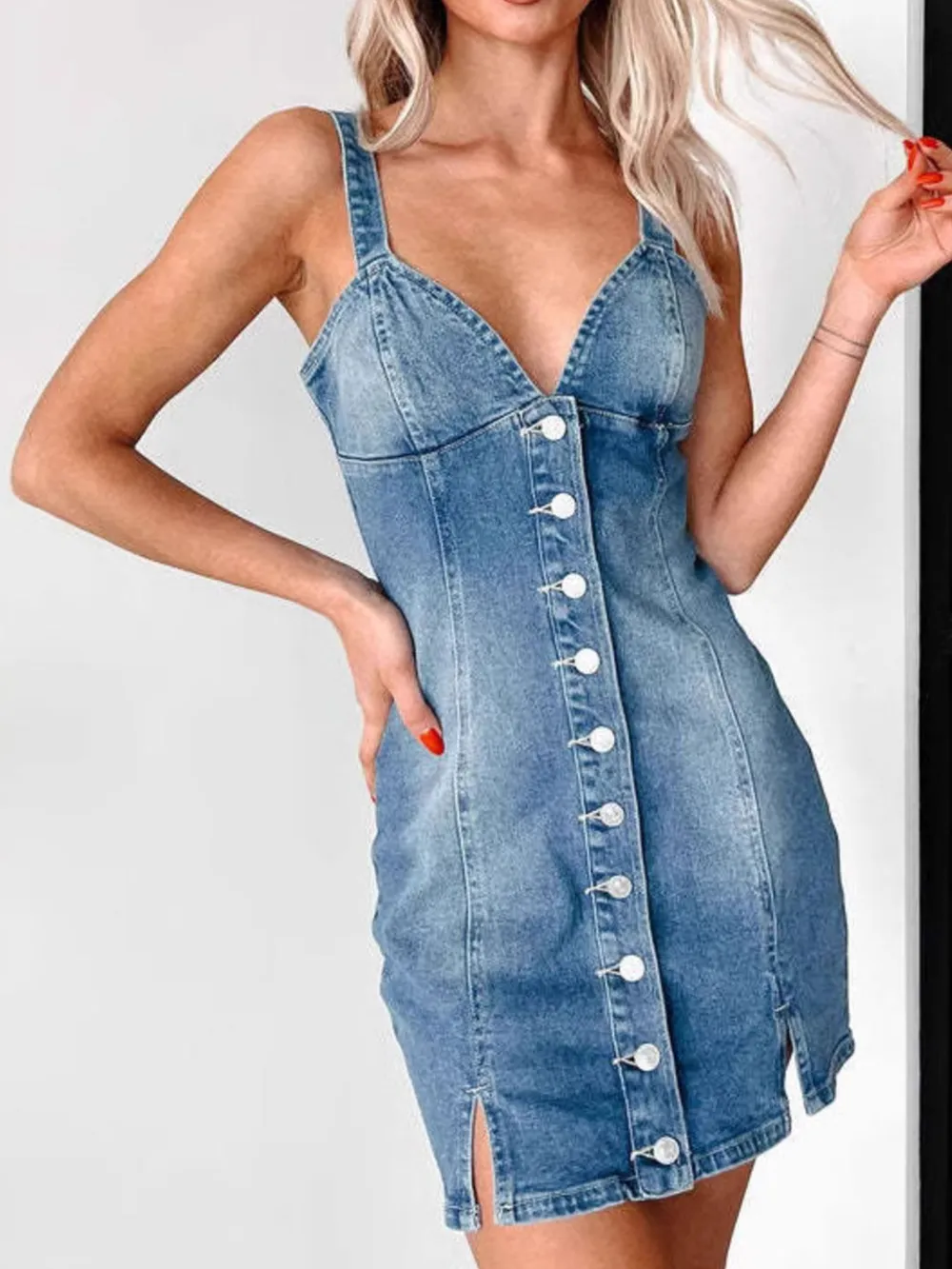 Button Front Sweetheart Neck Denim Mini Dress, image 3