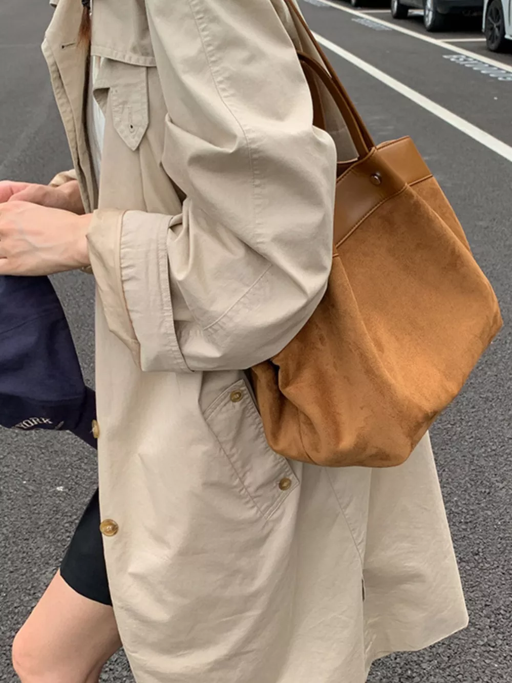 Suede and Leather Trim Shoulder Bag, image 7