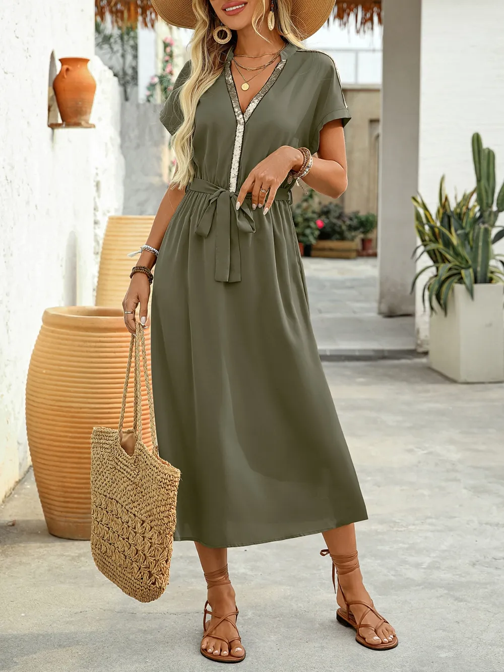 Sequin Notched Short Sleeve Midi Dress, image 8