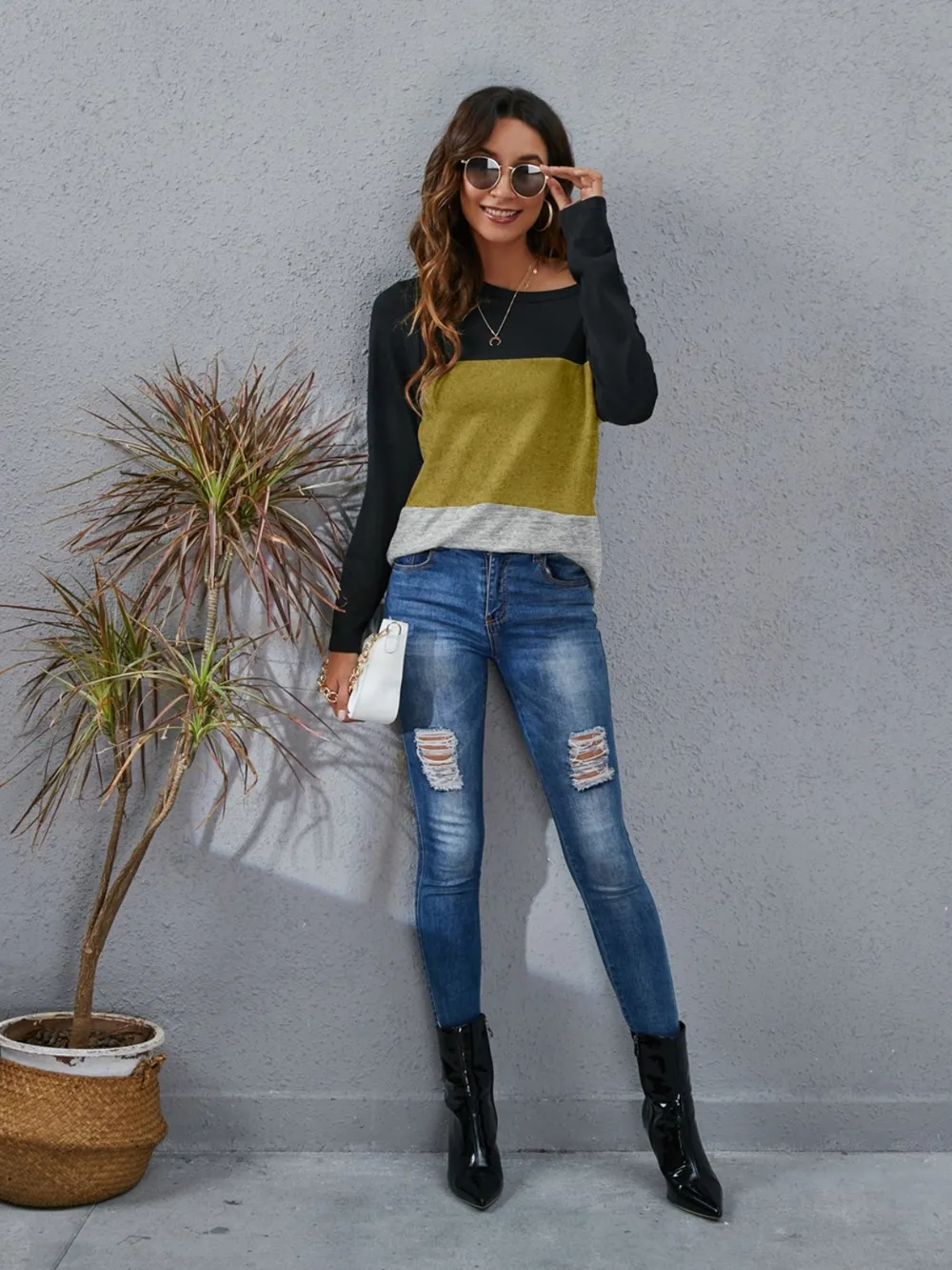 Color Block Round Neck Long Sleeve T-Shirt, image 21