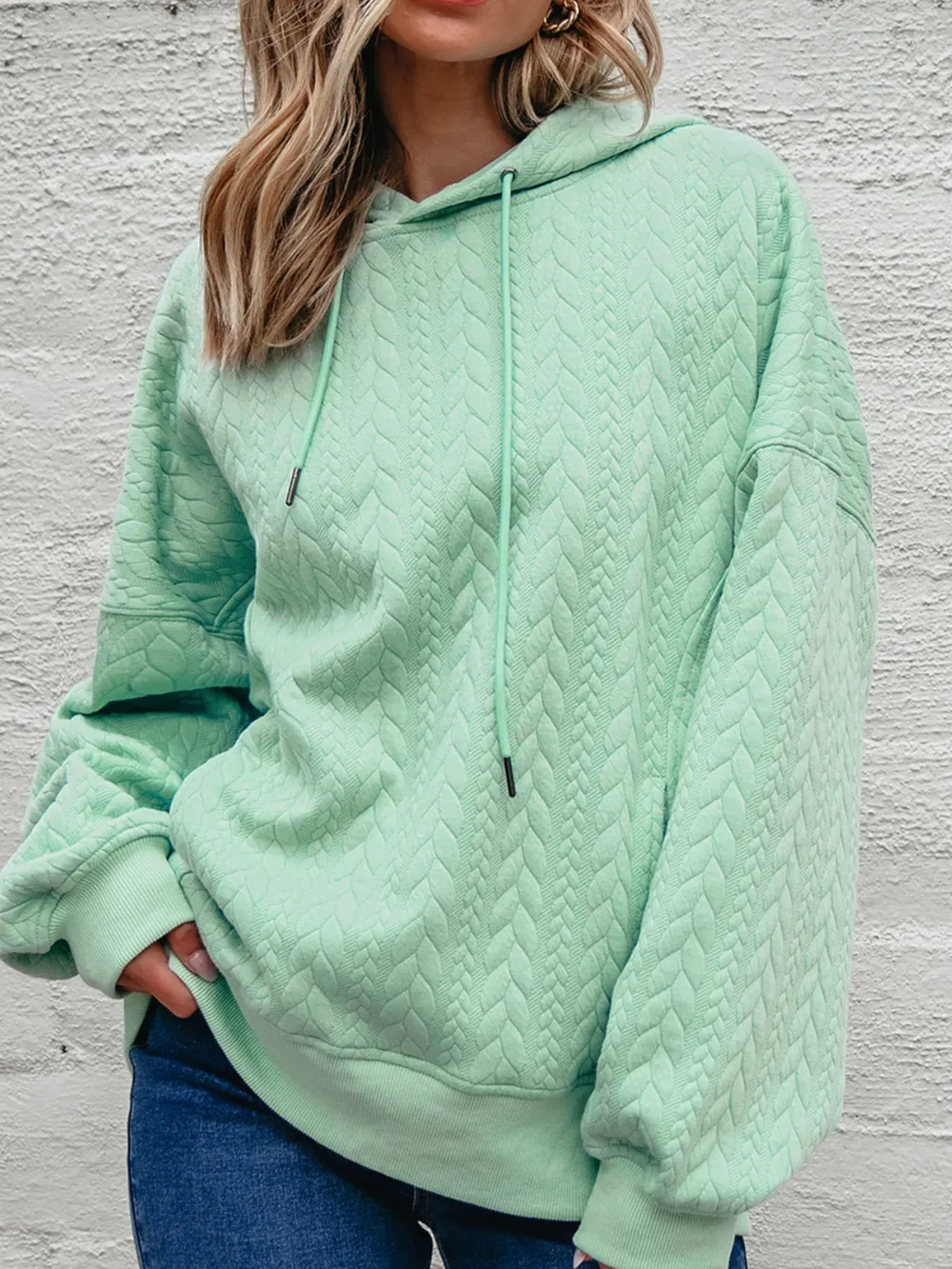 Drawstring Textured Baggy Solid Hoodie, image 8