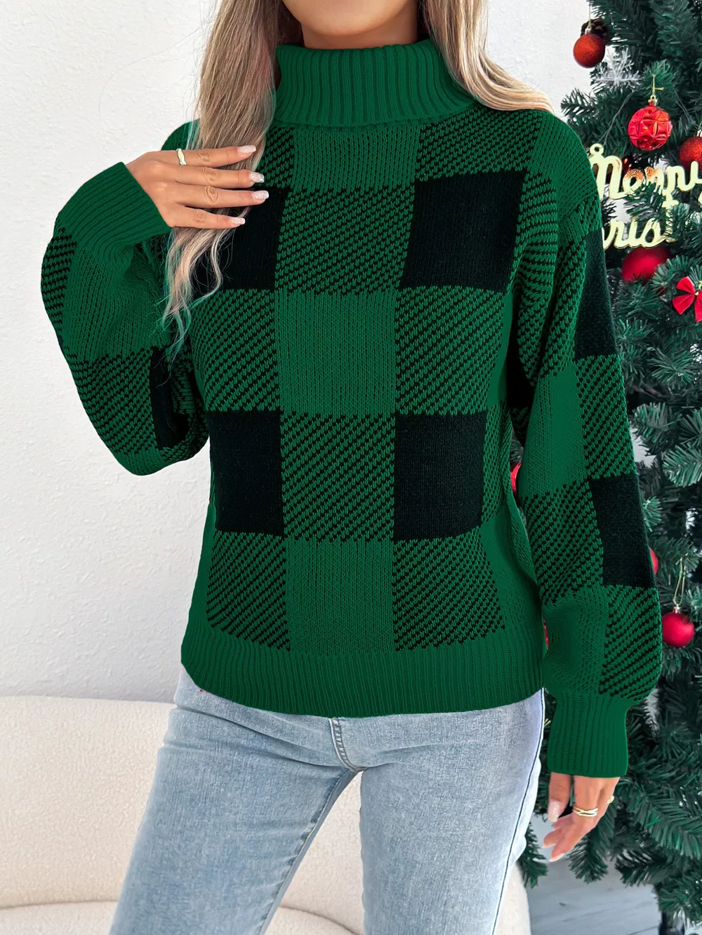 Christmas Plaid Long Sleeve Turtleneck Sweater, image 4