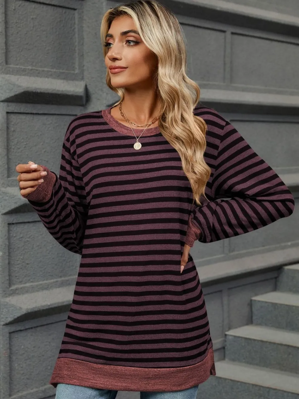 Striped Round Neck Long Sleeve T-Shirt, image 14