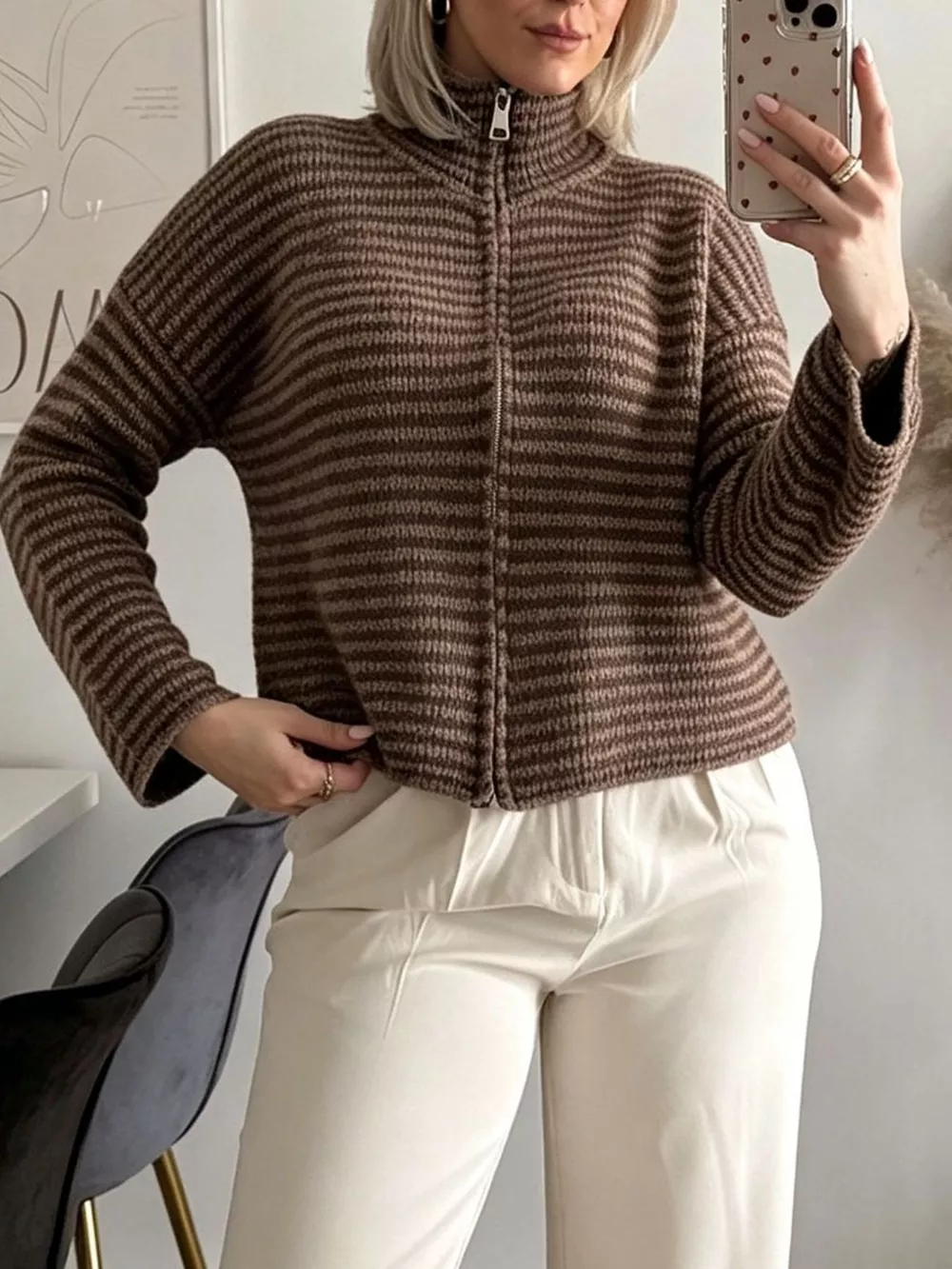 Striped Zip-Up Knit Cardigan, image 9