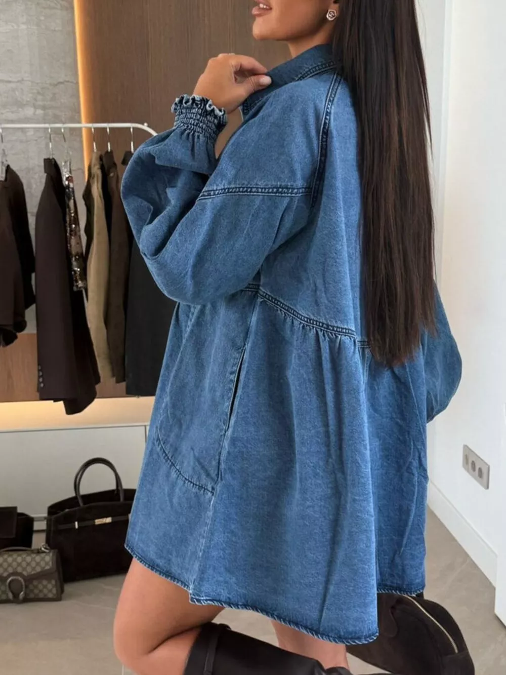 Button Down Mini Denim Dress with Front Pockets, image 15