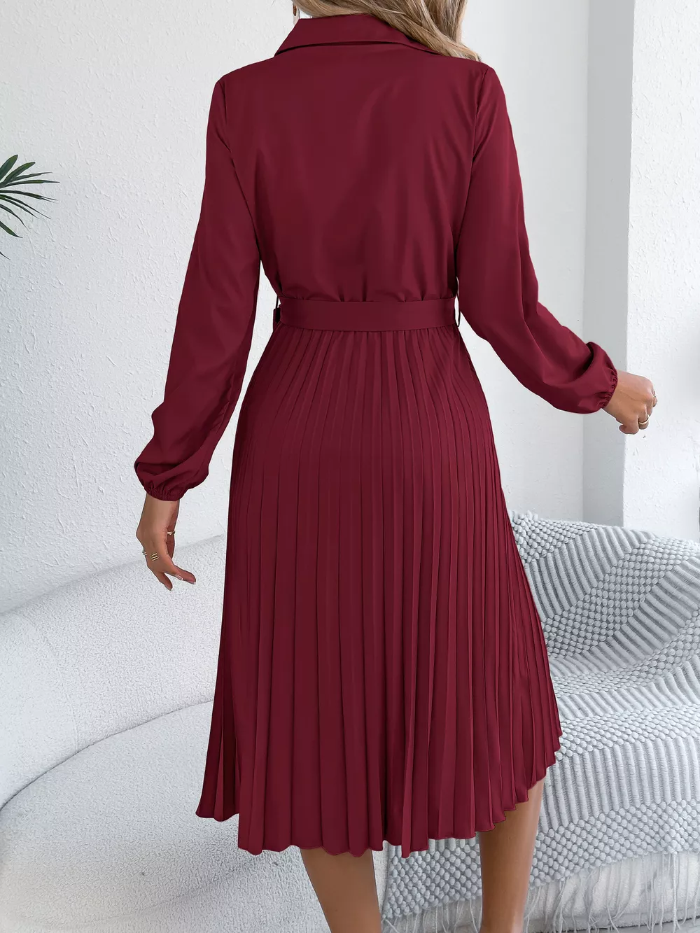 Pleated Tie Waist Balloon Sleeve Dress, image 3