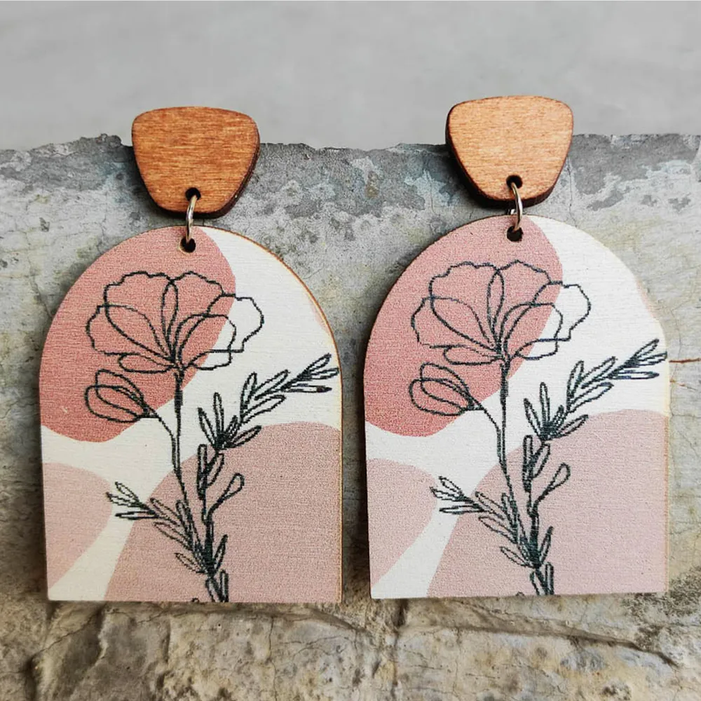 Geometrical Shape Wooden Drop Earrings, image 2