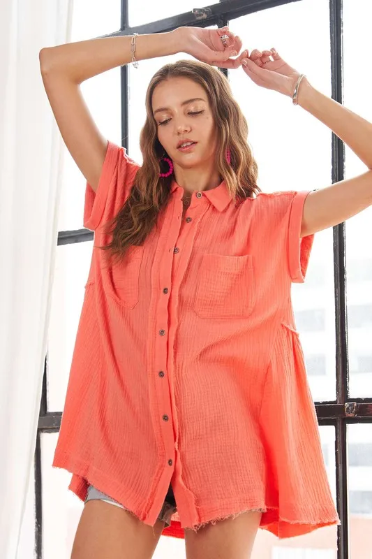 Raw Hem Collared Neck Button Down Shirt, image 2