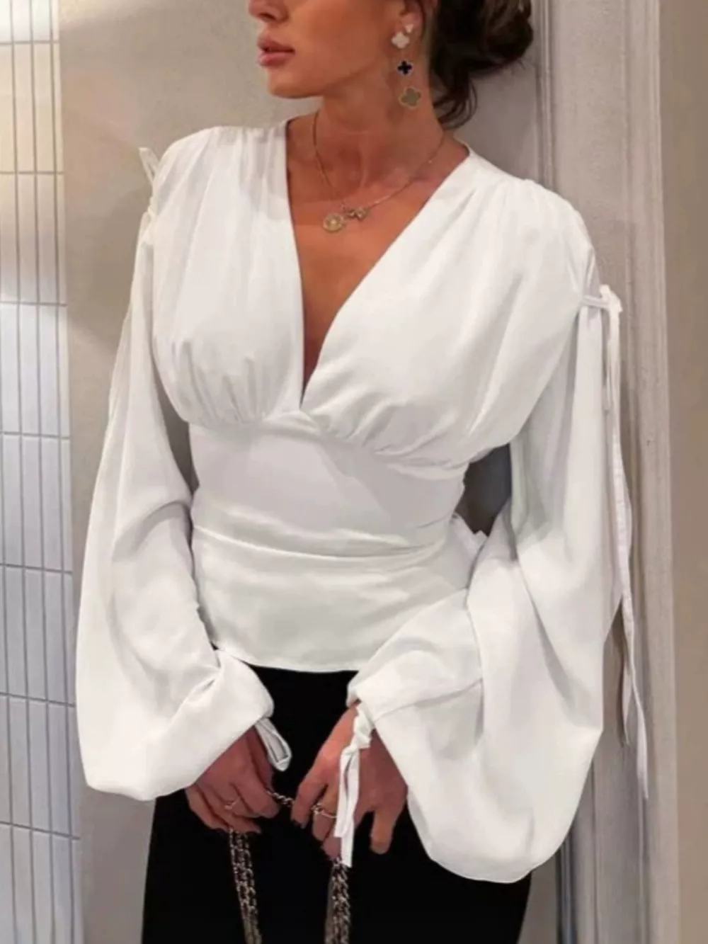 Tied V-Neck Balloon Sleeve Blouse, image 2