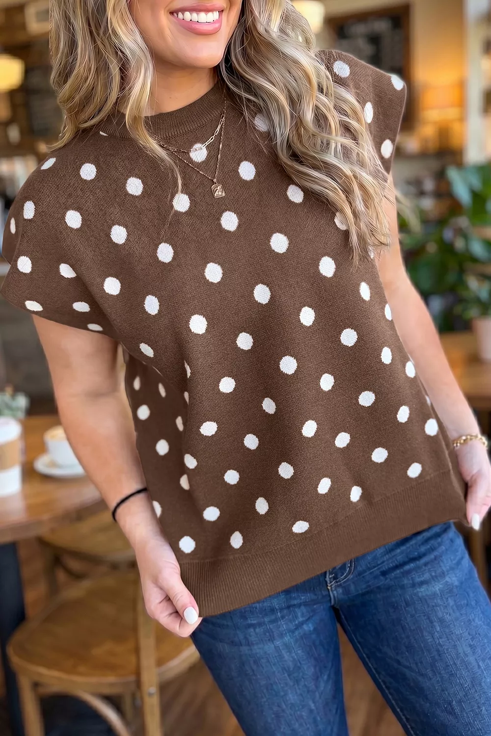 Dolman Short Sleeve Round Neck Polka Dot Sweater, image 2
