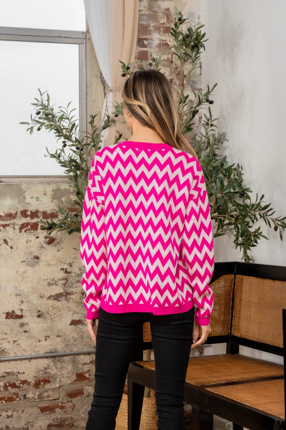 Full Size Wave Stripe Contrast Long Sleeve Sweater, image 2