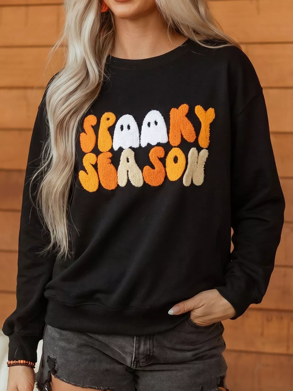 Embroidered Spooky Season Long Sleeve Round Neck Sweatshirt