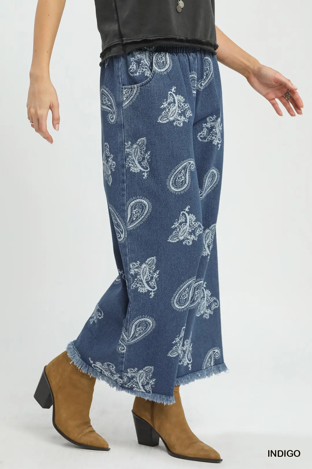 Denim Paisley Wide-Leg Pants, image 2