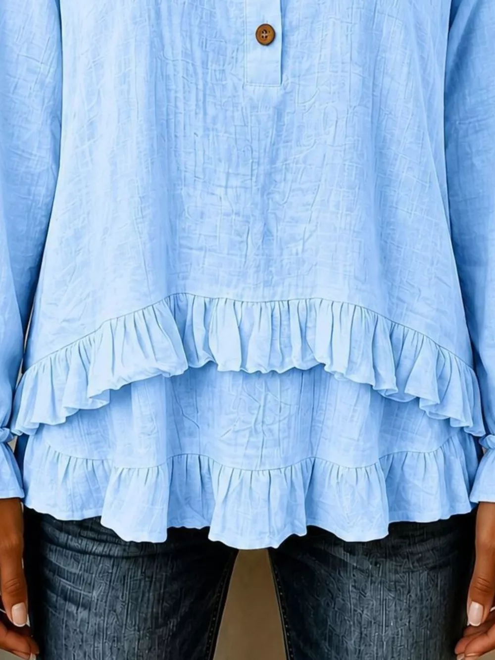 V-Neck Long Sleeve Button Detail Ruffled Hem Blouse, image 16