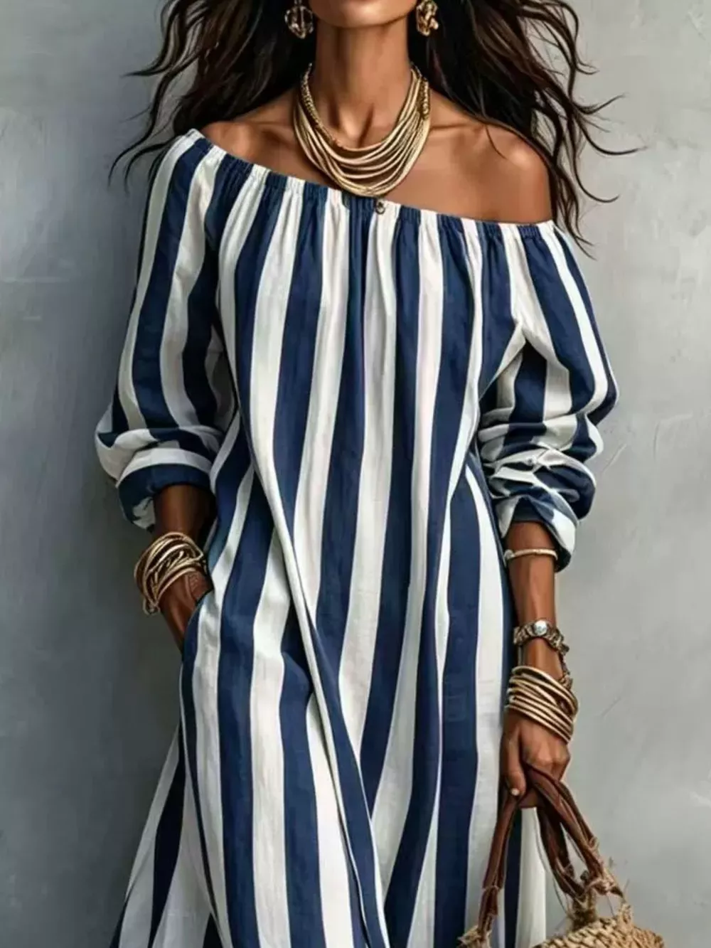 Off-Shoulder Striped Dress with Pockets, image 9