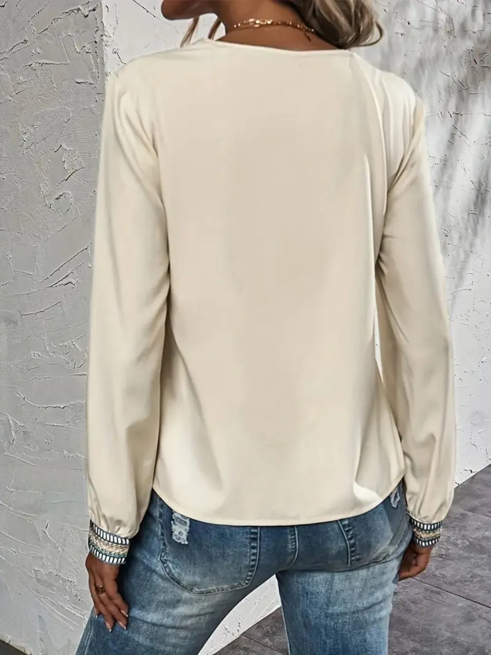 Contrast V-Neck Long Sleeve Blouse, image 2