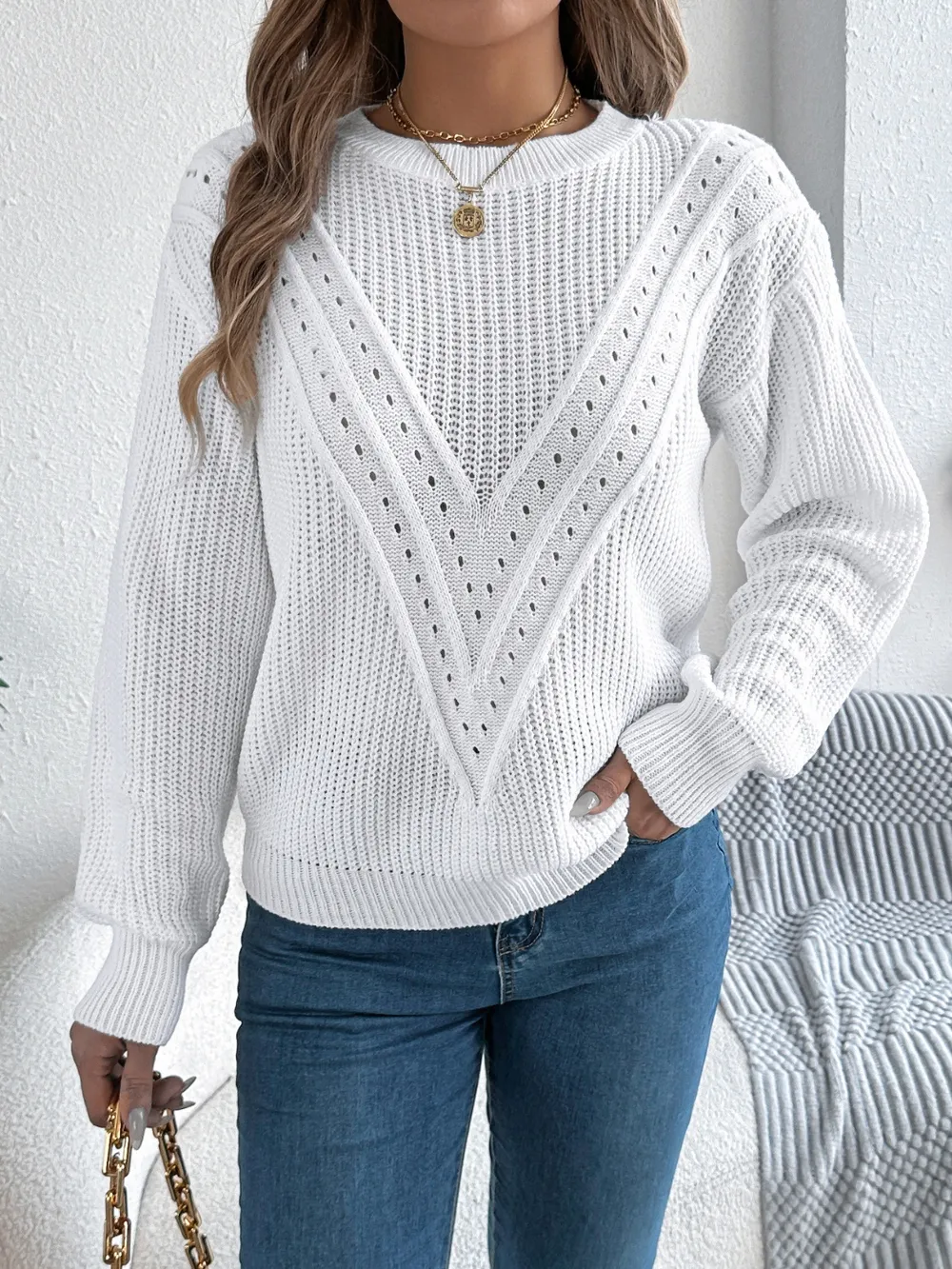Openwork Round Neck Long Sleeve Sweater, image 5