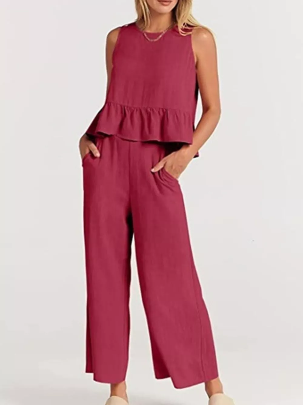 Full Size Ruffled Hem Sleeveless Top and Wide-Leg Pants Set Plus Size, image 29