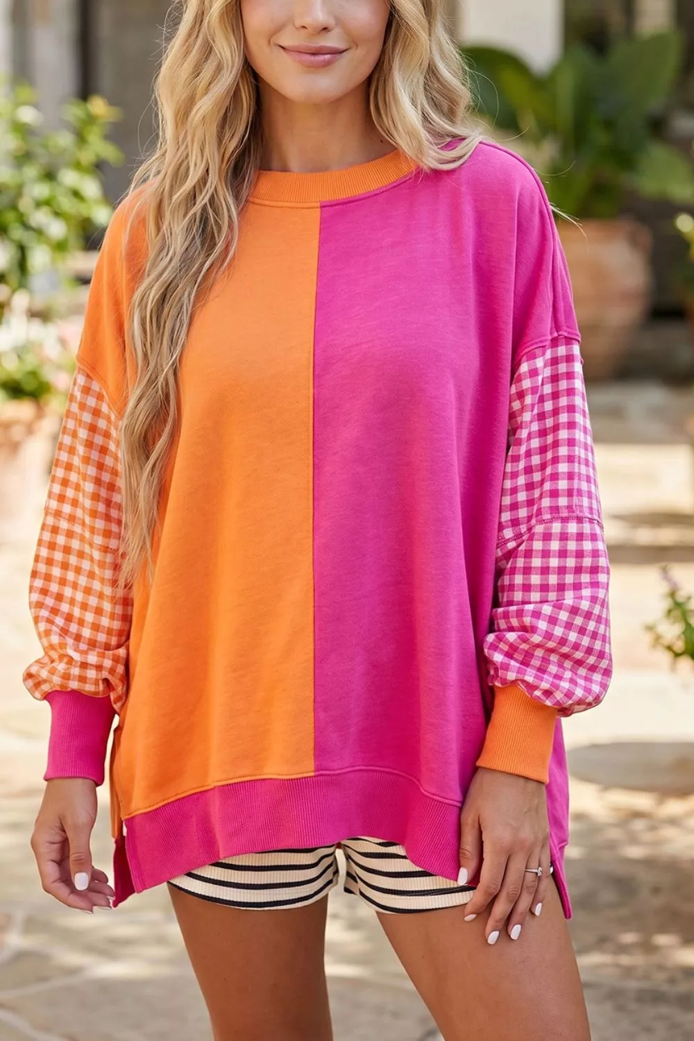 Colorblock Gingham Sleeve Crewneck Sweatshirt, image 3