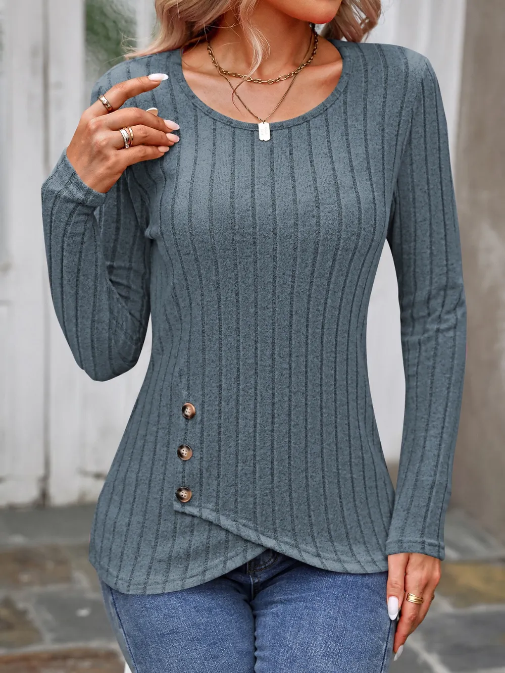 Decorative Button Round Neck Long Sleeve T-Shirt, image 30