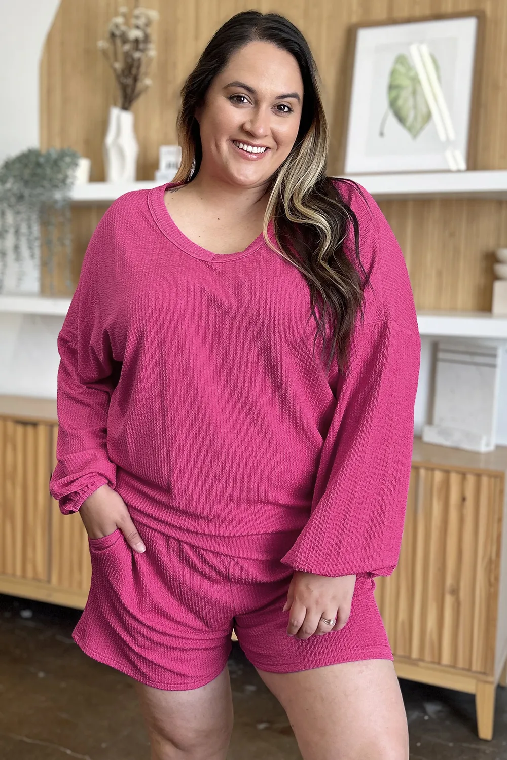 Full Size Texture V-Neck Long Sleeve T-Shirt and Shorts Set, image 14