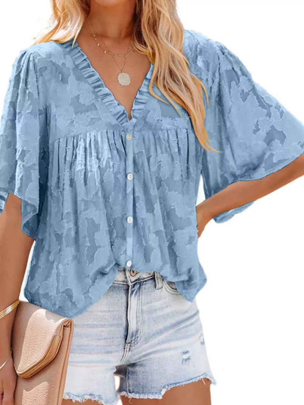 Full Size Textured V-Neck Button-Down Shirt Plus Size, image 4