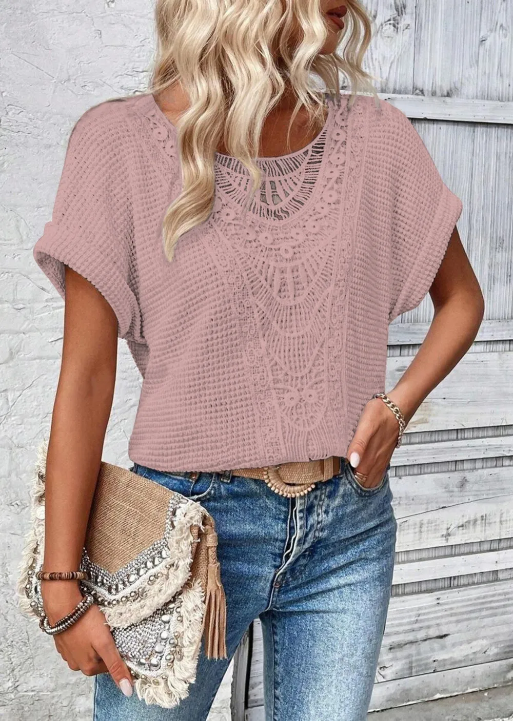Crochet Lace Short Sleeve Casual T-Shirt, image 21