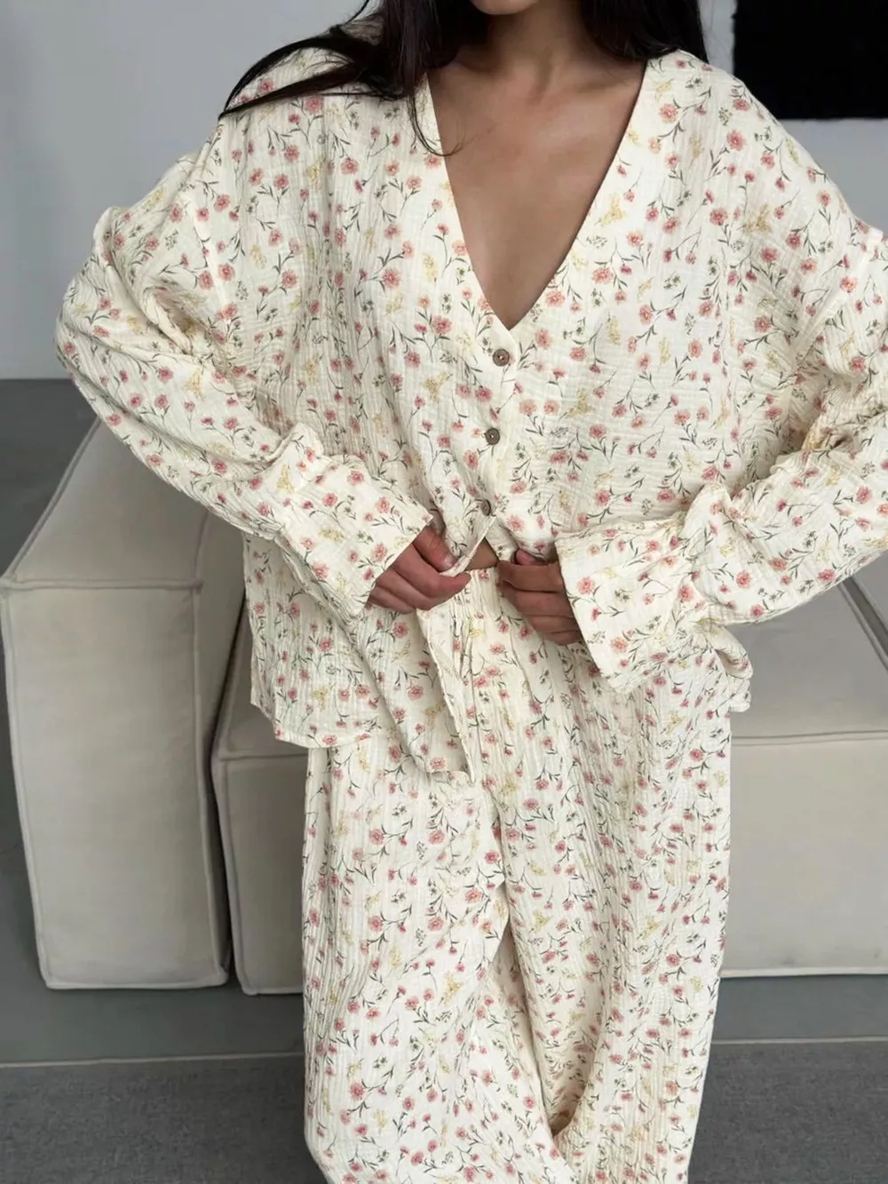 Floral Print Button-Down Top and Pants Lounge Set, image 5
