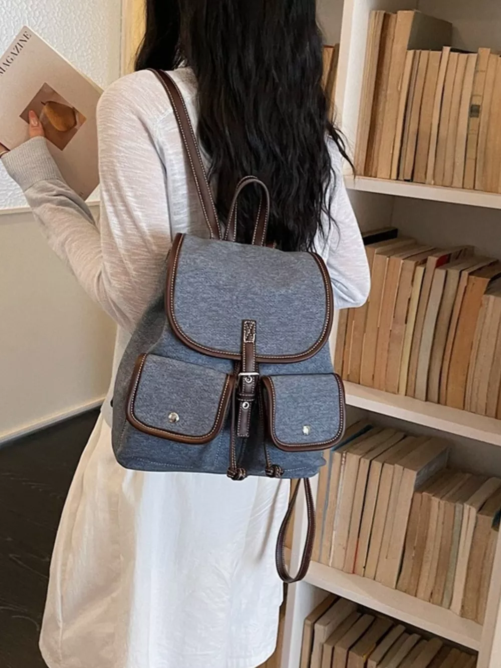 Casual Denim Flap Backpack Bag, image 2