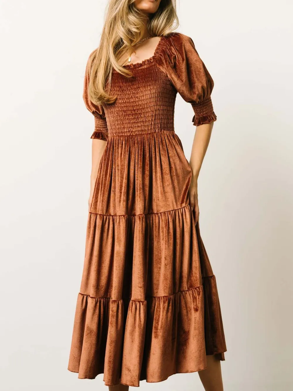 Smocked Half Sleeve Tiered Midi Dress, image 16