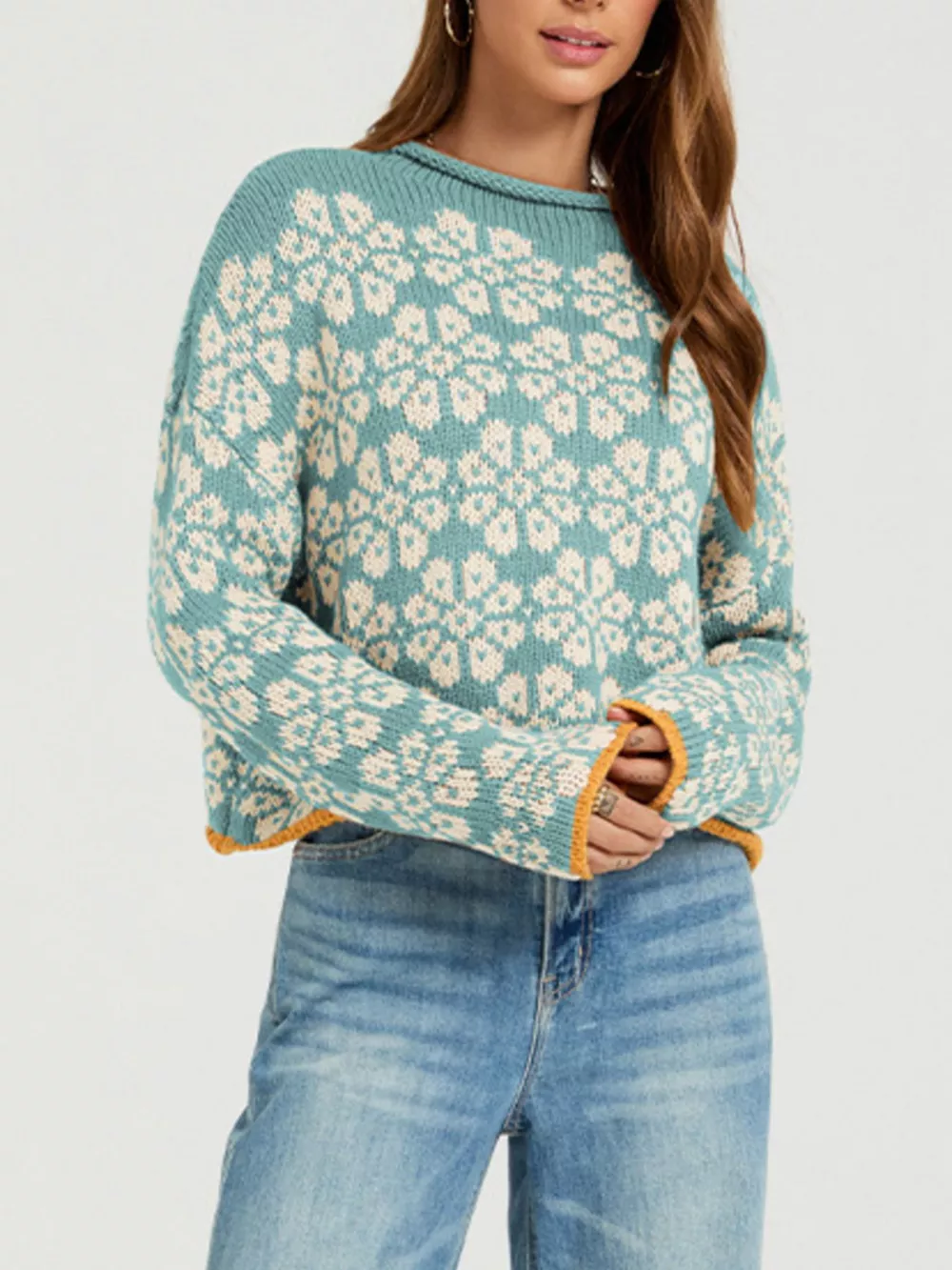 Floral Contrast Trim Dropped Shoulder Sweater, image 3