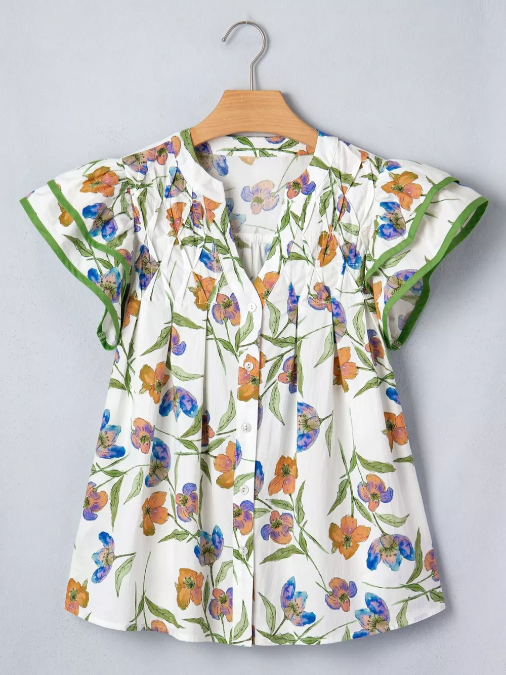 Floral Print Ruffle V-Neck Pressed Pleats Binding Tape Cotton Blouse, image 6