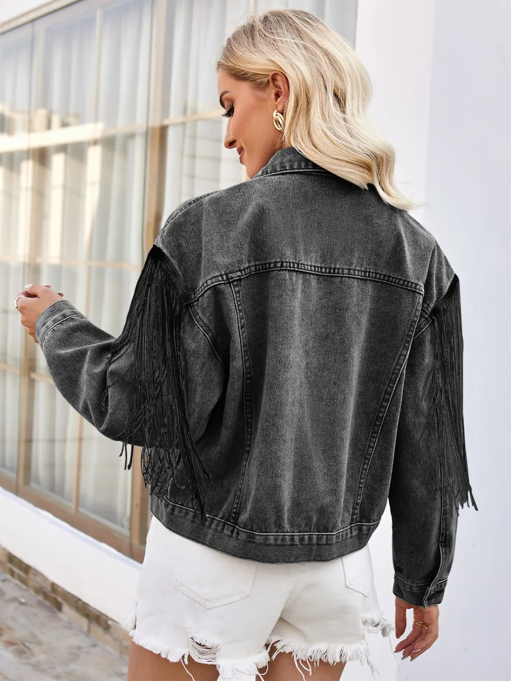 Tassel Button Up Dropped Shoulder Denim Jacket, image 9