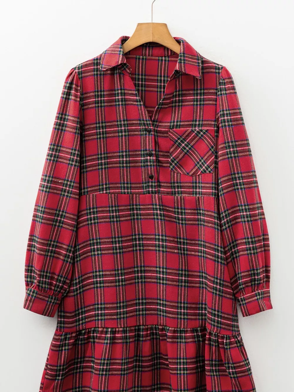 Plaid Shirt Collar Half Button Ruffle Hem Long Sleeve Mini Dress, image 7