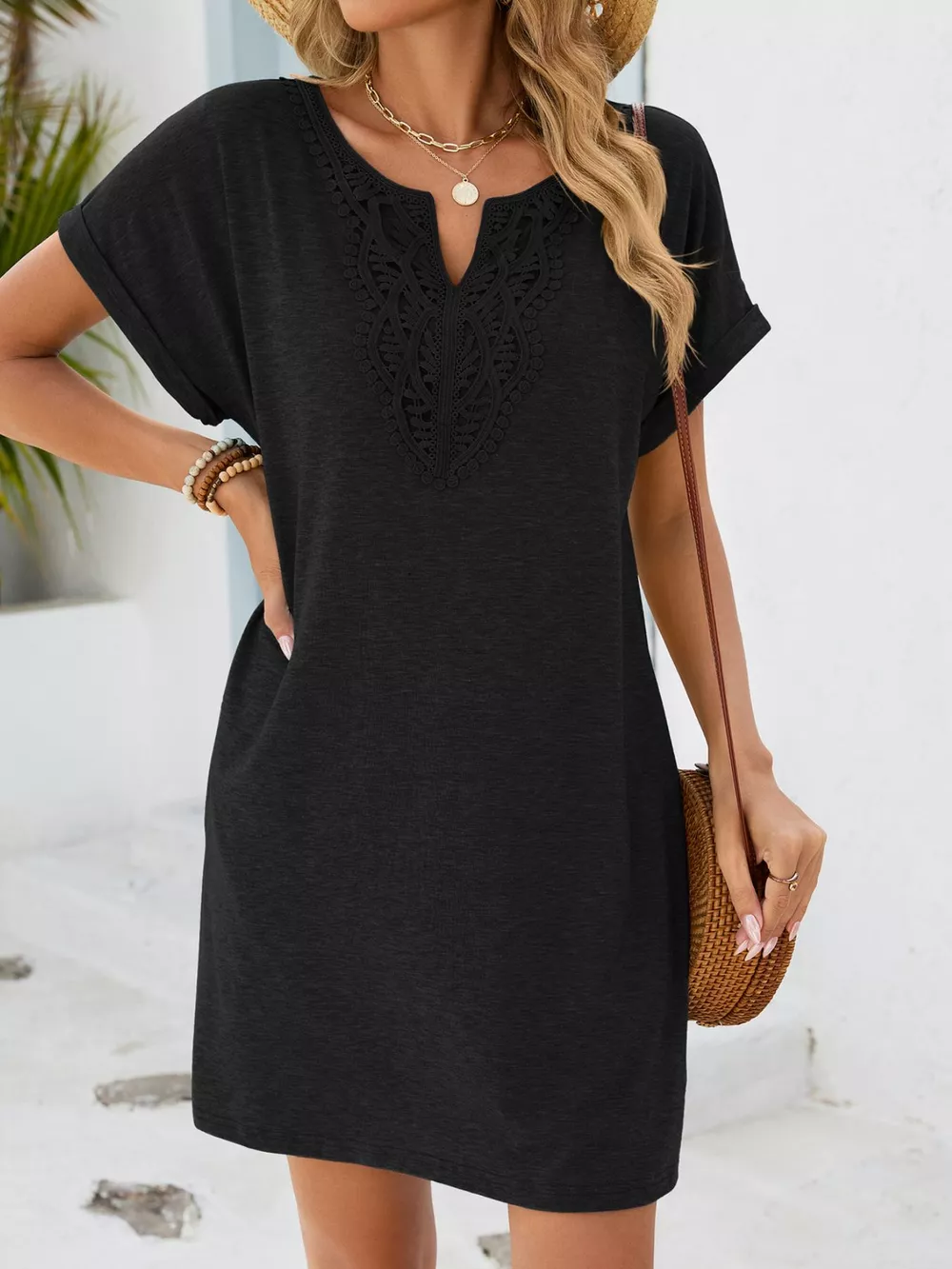 Lace Trim Notched Short Sleeve Dress, image 23