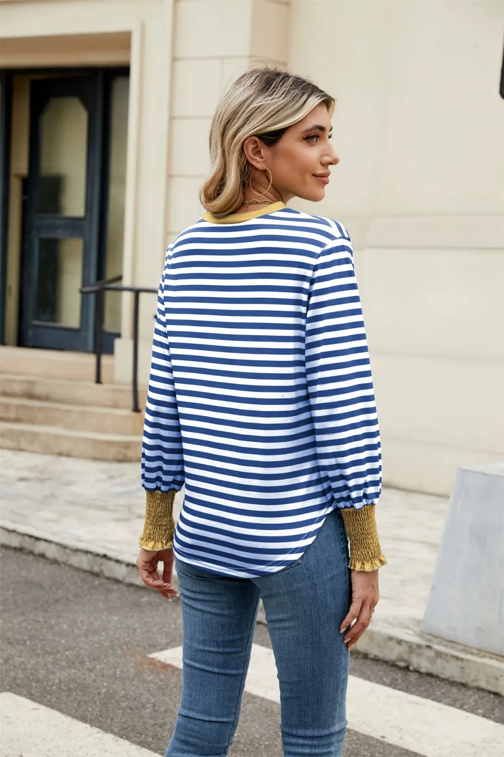 Contrast Striped Notched Long Sleeve Top, image 21