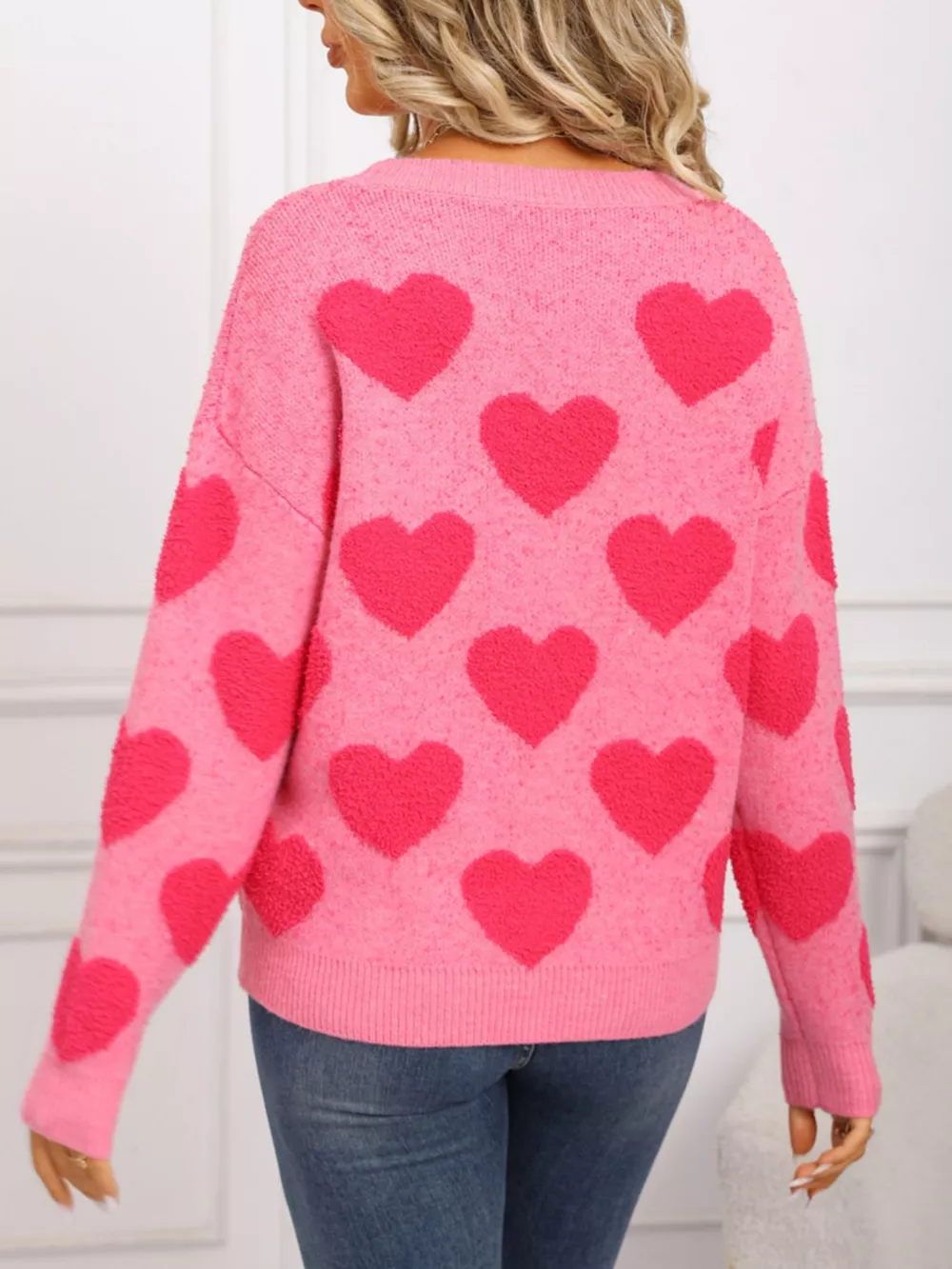 Valentine's Day Heart Pattern Round Neck Sweater, image 12