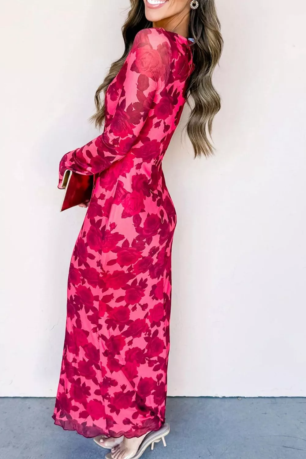 Floral Print Cuff Hem Serging Long Sleeve Sheath Dress, image 5