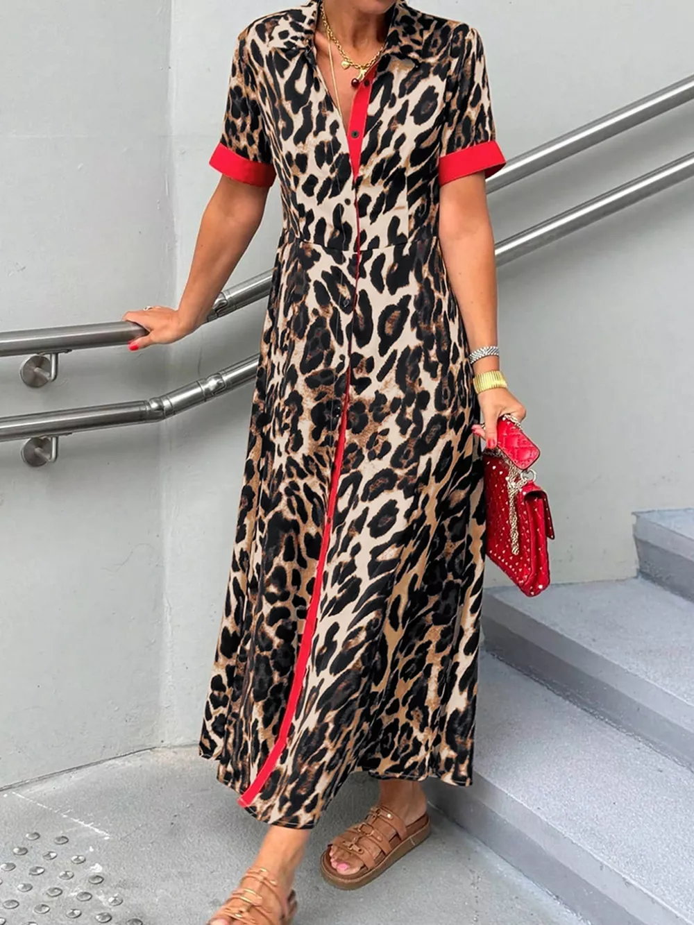 Leopard Print Button-Down Dress with Contrast Trim, image 23
