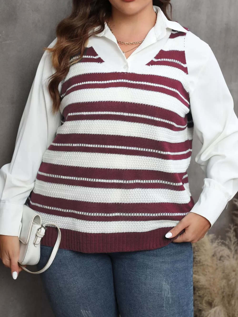 Plus Size Striped V-Neck Knit Sweater Vest, image 8