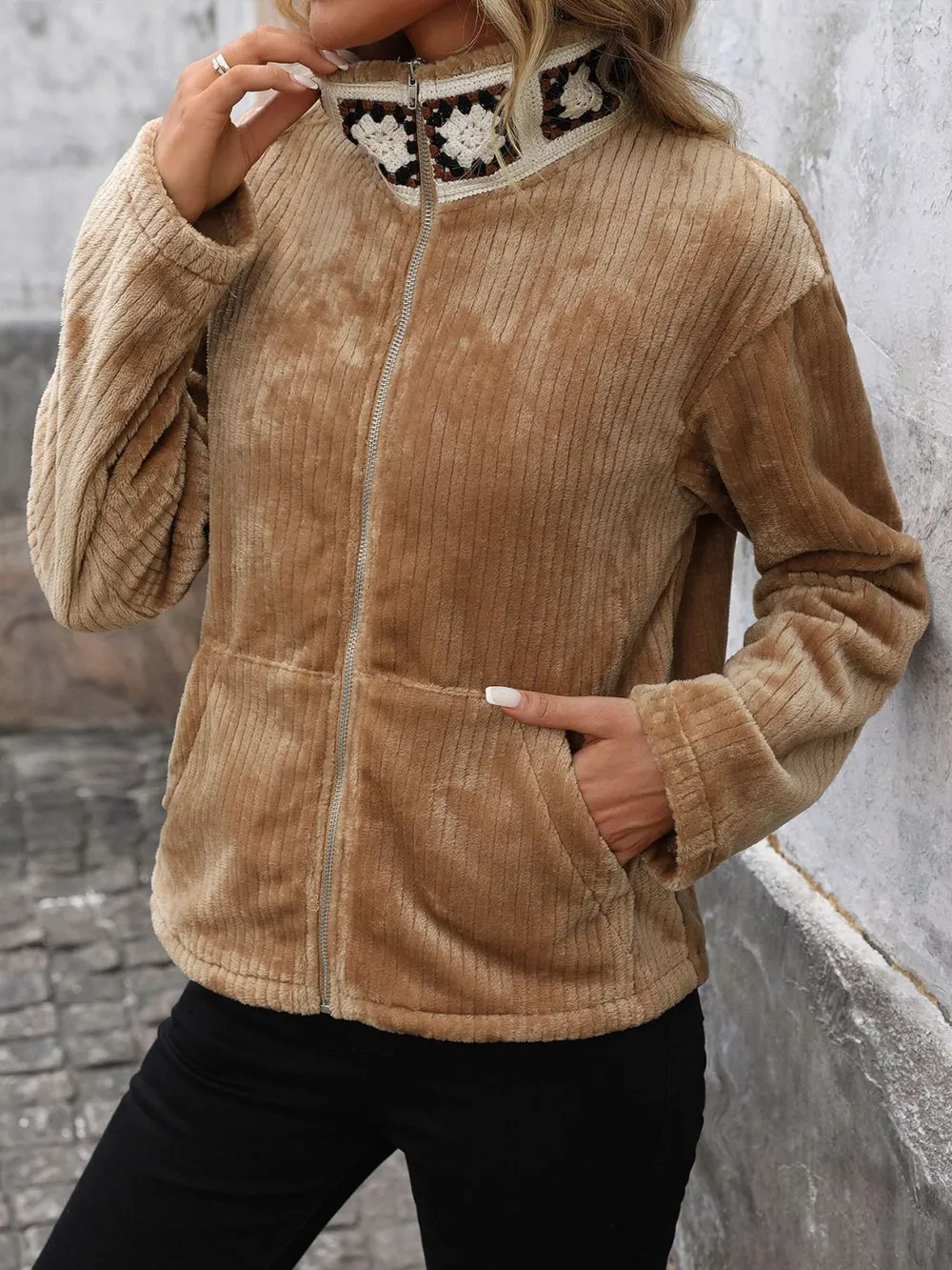 Pocketed Zip Up Collared Neck Long Sleeve Jacket, image 7